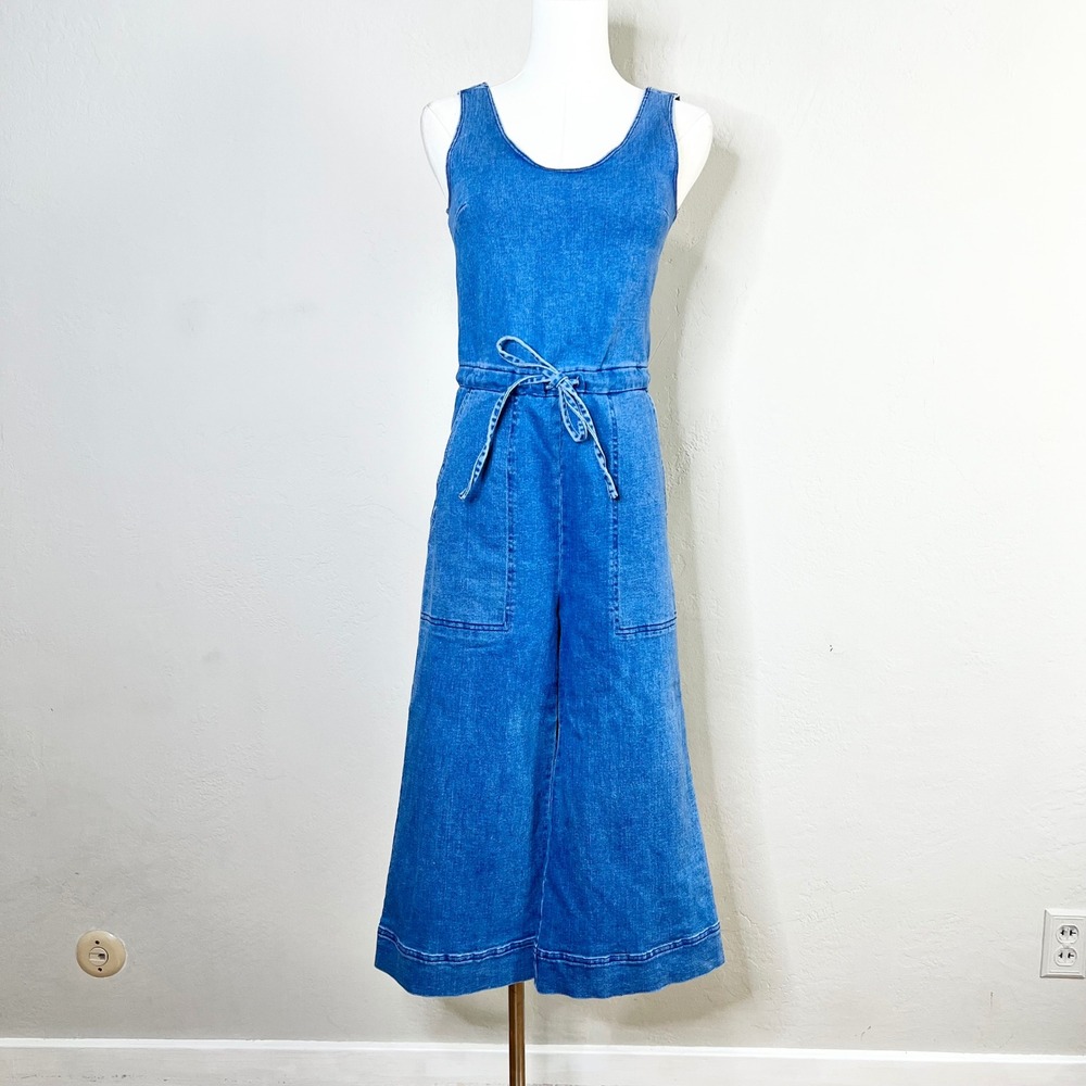 Steven Alan Denim Jumpsuit Wide Leg Cropped Sleeveless Blue Made in USA P = XS
